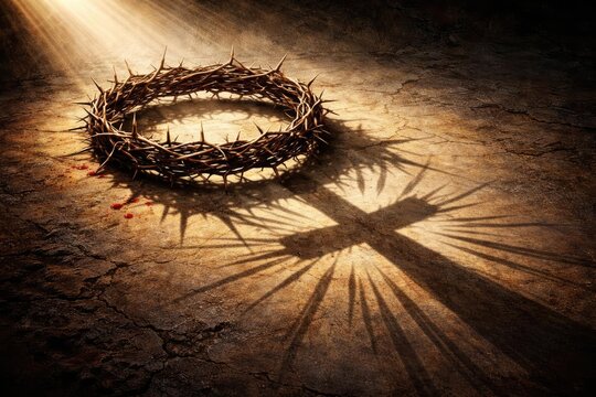 Artistic depiction of the crown of thorns casting shadows symbolizing Jesus's trials and triumph