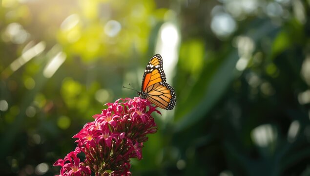 Gulf Fritillary butterfly feeding on vibrant pink Penta flowers, outdoor garden scene