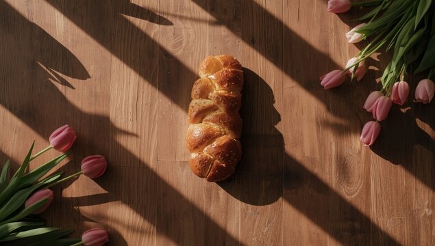 Traditional Easter tsoureki slices displayed on a wooden table with floral decor
