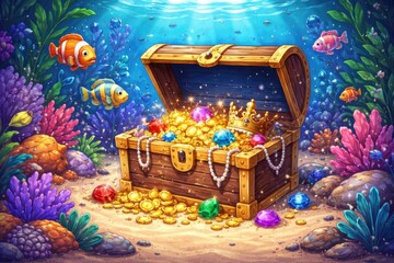 Colorful cartoon underwater scene with pirate treasure chest and sparkling jewels on sandy ocean floor