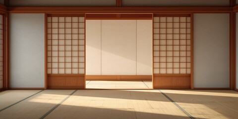 Wooden and rice paper sliding doors with mat flooring provide a classic interior element for space layout
