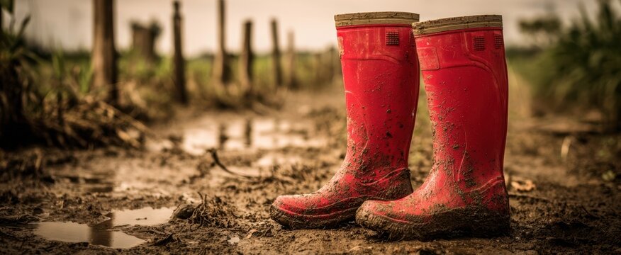 The Red Boots Standing in a Muddy Farm Field with Puddles and Fence Posts