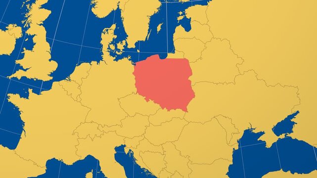 Poland on Globe. Animated zoom into the country in Ocean Blue Golden Yellow color palette. Poland logo animation. Map with meridians, parallels. Neat video.
