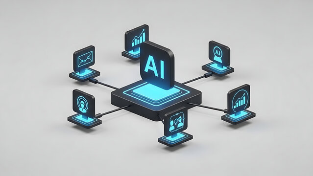 Multiple devices connected to a central AI hub showcasing interconnected technology in a futuristic setting from an overhead viewpoint