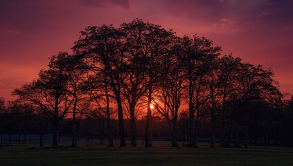 Fototapeta premium Woodland trees at dusk with vibrant sky, emphasizing natural scenery for landscape backgrounds, seasonal change