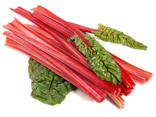 Vegetables - Red Chard Stems with Leaves on white Background