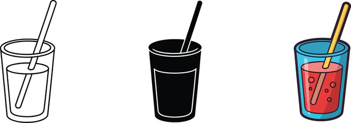 An outlined drawing of a refreshing beverage in a glass with a straw