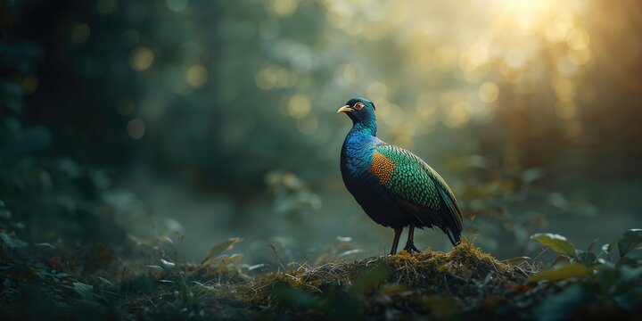 Colorful Himalayan Monal, Lophophorus Impejanus, known as the Impeyan Monal and Pheasant, perched on rocky terrain, bird conservation awareness