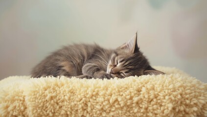 A sleeping kitten on a plush yellow blanket, highlighting feline rest and tranquility, World Sleep Day