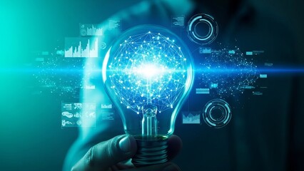 Innovative business concept with glowing light bulb and digital network connections