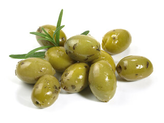 Green Olives with Rosemary on white Background