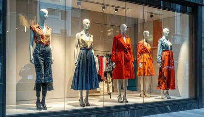 Naklejka premium Fashionable Clothing Displayed on Mannequins in a Store Window.