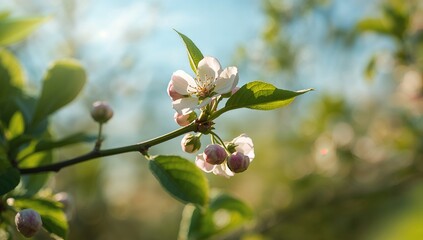 Obraz premium Pink and white apple blossoms and buds blooming, serving as a natural background for spring agricultural planning