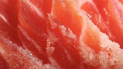 Macro close up of vibrant pink frozen salmon fillet showing icy texture and fresh, protein rich raw fish ideal for healthy cooking, meal prep, gourmet and nutrition concepts