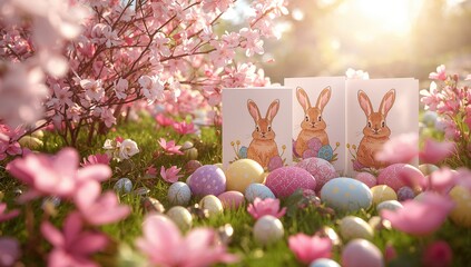 Colorful Easter invitation cards decorated with yellow and purple tones, spring flowers, bunnies, and eggs, seasonal celebration