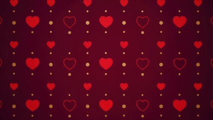 Valentine's day background with red hearts and gold dots on dark red gradient with Valentine s Day and love