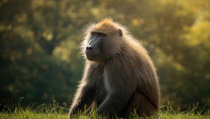 Hamadryas baboon, Papio hamadryas, resting on rocky terrain, highlighting biodiversity preservation