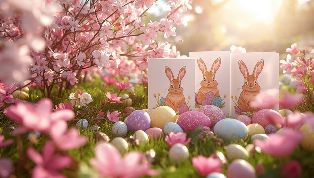 Colorful Easter invitation cards decorated with yellow and purple tones, spring flowers, bunnies, and eggs, seasonal celebration - Powered by Adobe