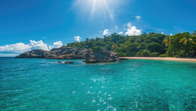 Turquoise waters and rocky diving locations in the Blue Lagoon of Paraty, Brazil, set against lush tropical forest for outdoor exploration