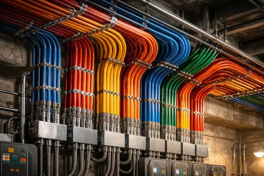 Organized colorful pipe layout during electrical conduit installation for control systems in MEP