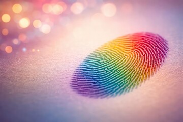Close up of a colorful fingerprint on a smooth textured surface with a softly glowing bokeh background and copy space
