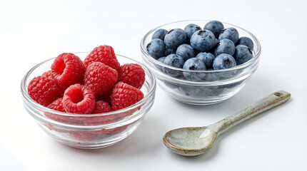 Two glass bowls filled with fresh raspberries and blueberries, alongside a rustic spoon, isolated on a white background