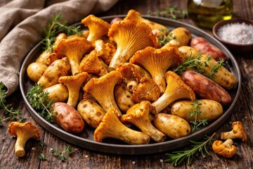 Fototapeta premium Golden chanterelle mushrooms presented with fresh fingerling potatoes