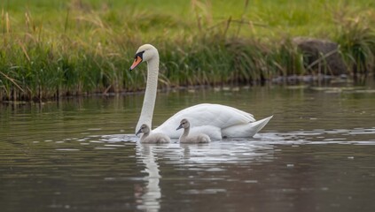 Obraz premium Wildlife scene of mute swan family with young swans in pond, illustrating early spring nesting behavior