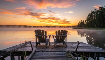 Serene Lake Sunrise with Adirondack Chairs on Dock.