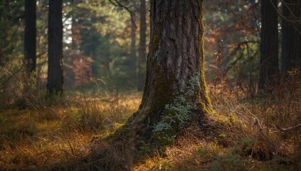Obraz premium Pine trunk with moss in a lush forest setting, highlighting environmental preservation