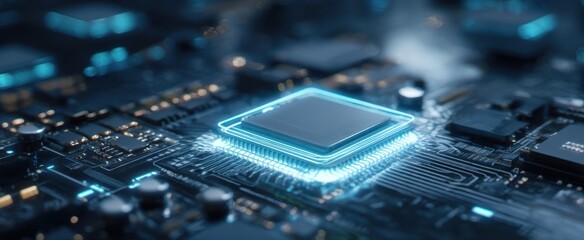 The Microchip at the Center of a Glowing Futuristic Circuit Board