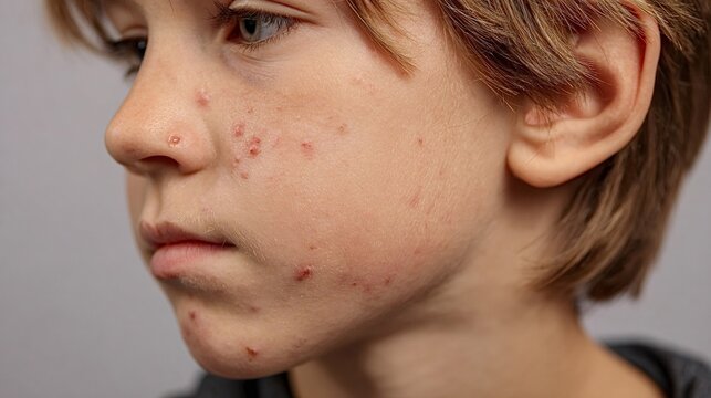 Child's face showing multiple red blisters and skin lesions, indicating an infectious viral skin condition like chickenpox or measles, causing discomfort