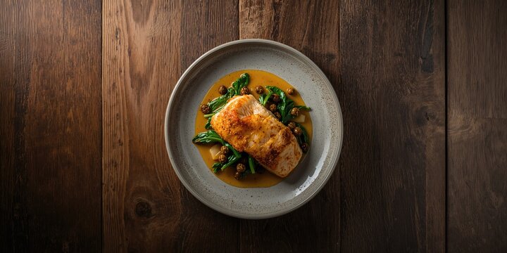 Fried cod served with spinach and capers in saffron sauce on wooden table, seafood preparation techniques