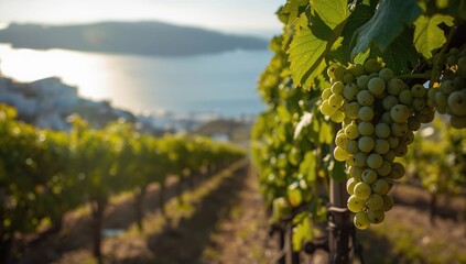 Naklejka premium Indigenous Assyrtiko wine grape growing on Santorini, highlighting traditional farming techniques