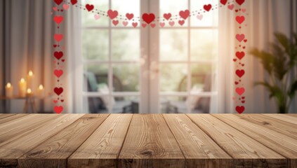 Wooden table top with blurred window background and red heart garland, festive setup for Valentine Day, World Heart Day