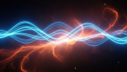 Vibrant blue light waves emanate from a glowing core surrounded by fiery orange energy trails against a starry dark