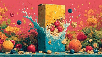 Explosion of fruit and color from a yellow box