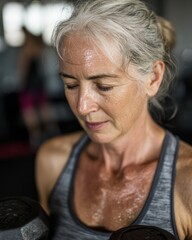 Active Senior Woman Showing Determination While Lifting Weights in Gym with Sweat on Forehead