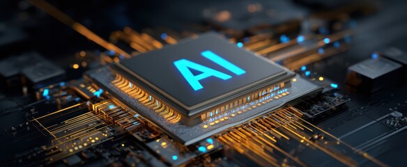 The AI chip glowing on a futuristic circuit board with golden data traces