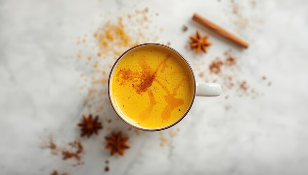 Golden turmeric milk with honey and curcuma powder designed as a nutritious beverage for immune support, top view