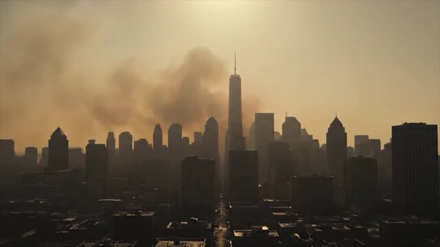 New York City skyline with smoke billowing from the Freedom Tower, a powerful reminder of the 9/11 attacks