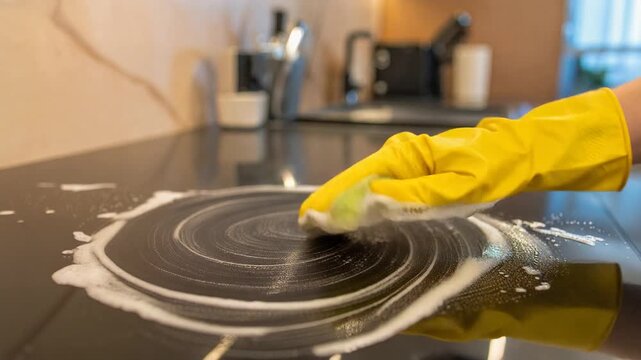 泡立つ調理台を丁寧に拭き上げる動作が衛生意識を伝える構図