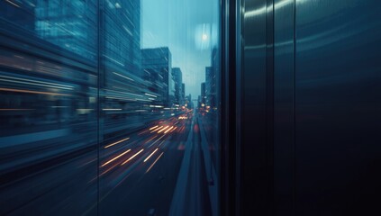 Out-of-focus elevator interior serves as a backdrop for user interface elements