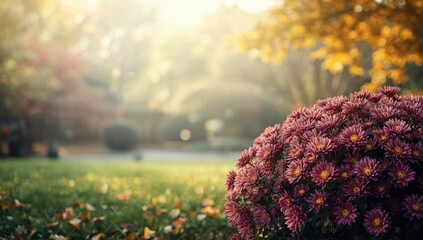 Chrysanthemum bush in fall foliage serving as a decorative backdrop, seasonal change