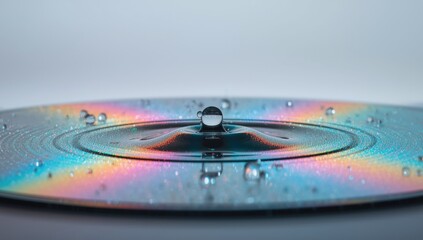 Water droplet resting on a laser disk surface highlighting moisture effects, suitable for technical maintenance