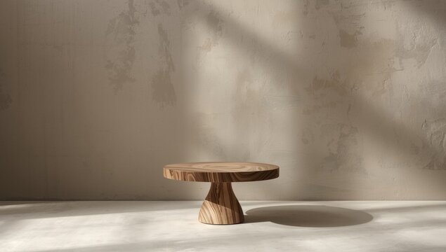 Wooden cake stand with a smooth finish placed on rough concrete background, ideal for serving desserts