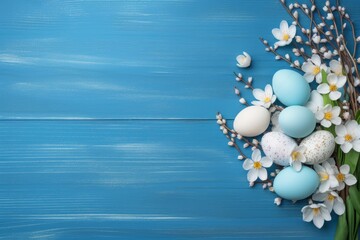 Pastel easter eggs with spring flowers and catkins arranged on a blue wooden surface