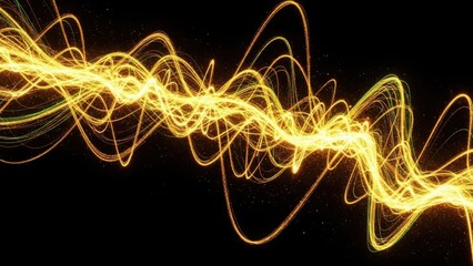 Vibrant yellow light trails swirling in a dynamic pattern against a dark background creating an abstract and mesmerizing