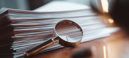 The magnifying glass on a stack of papers symbolizing detailed inspection and research