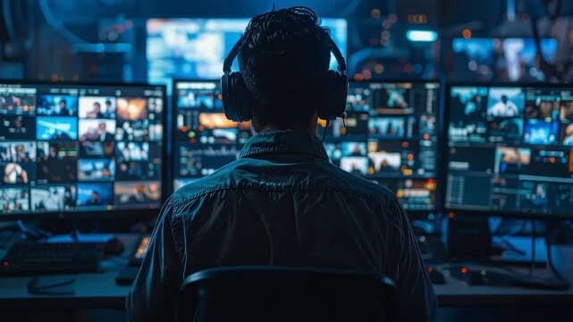 多数のモニターに囲まれた空間で情報を監視する人物の後ろ姿